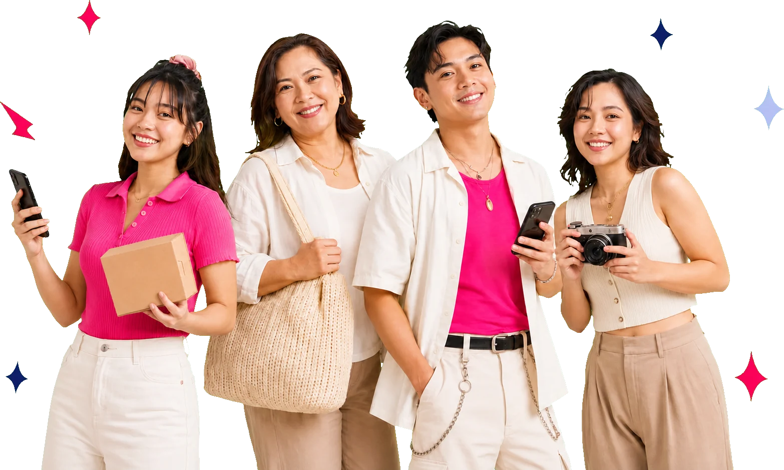 Four Filipino creators at different stages, including a new affiliate, an experienced mom creator, a fashionable seller, and a camera creator.